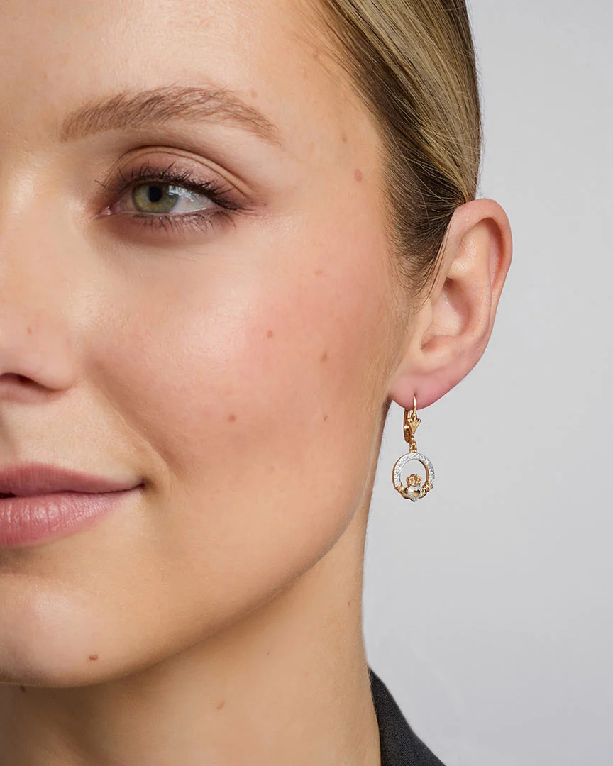 10K Gold Diamond Claddagh Drop Earrings - Image 3