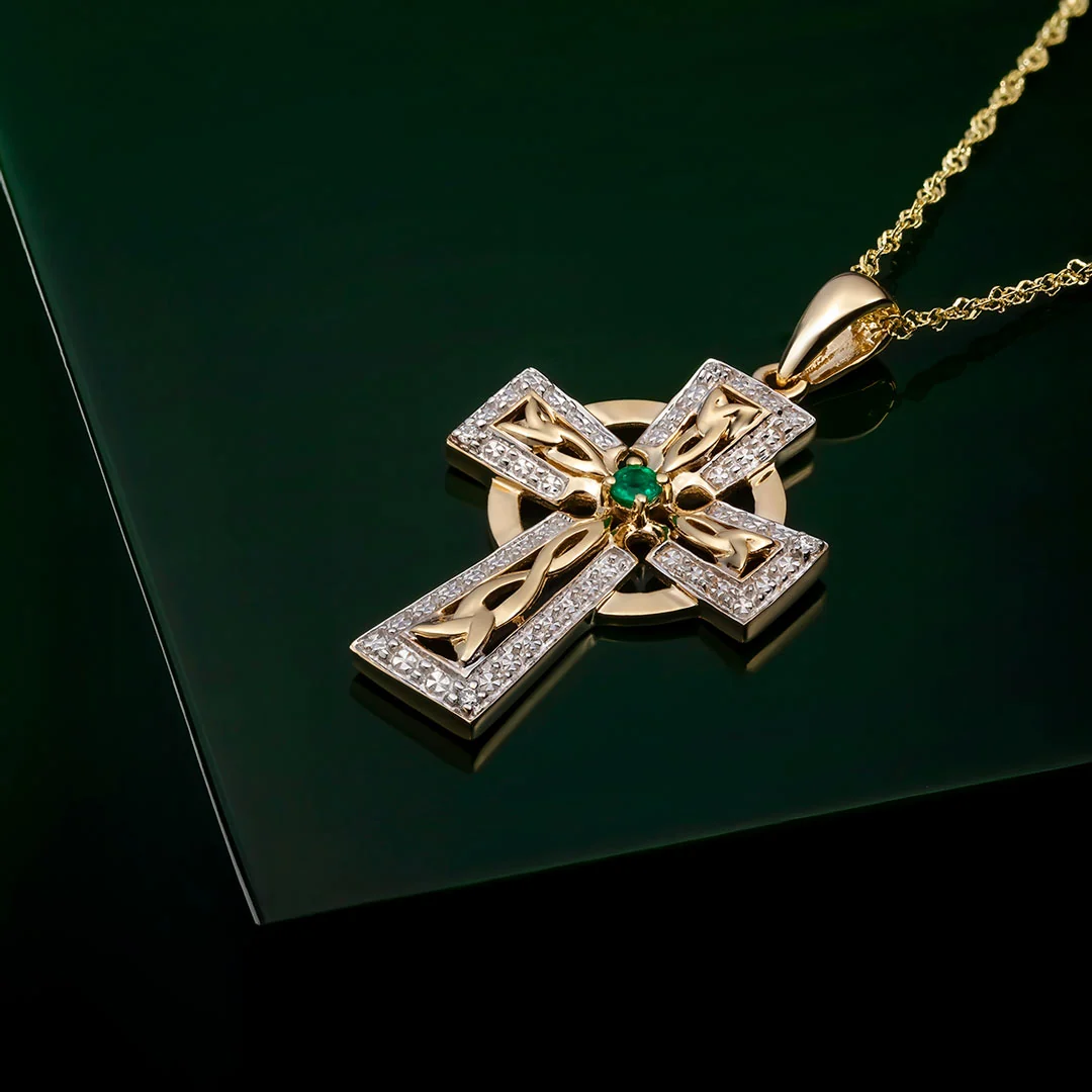 14K Gold Diamond & Emerald Celtic Cross Necklace - Image 3