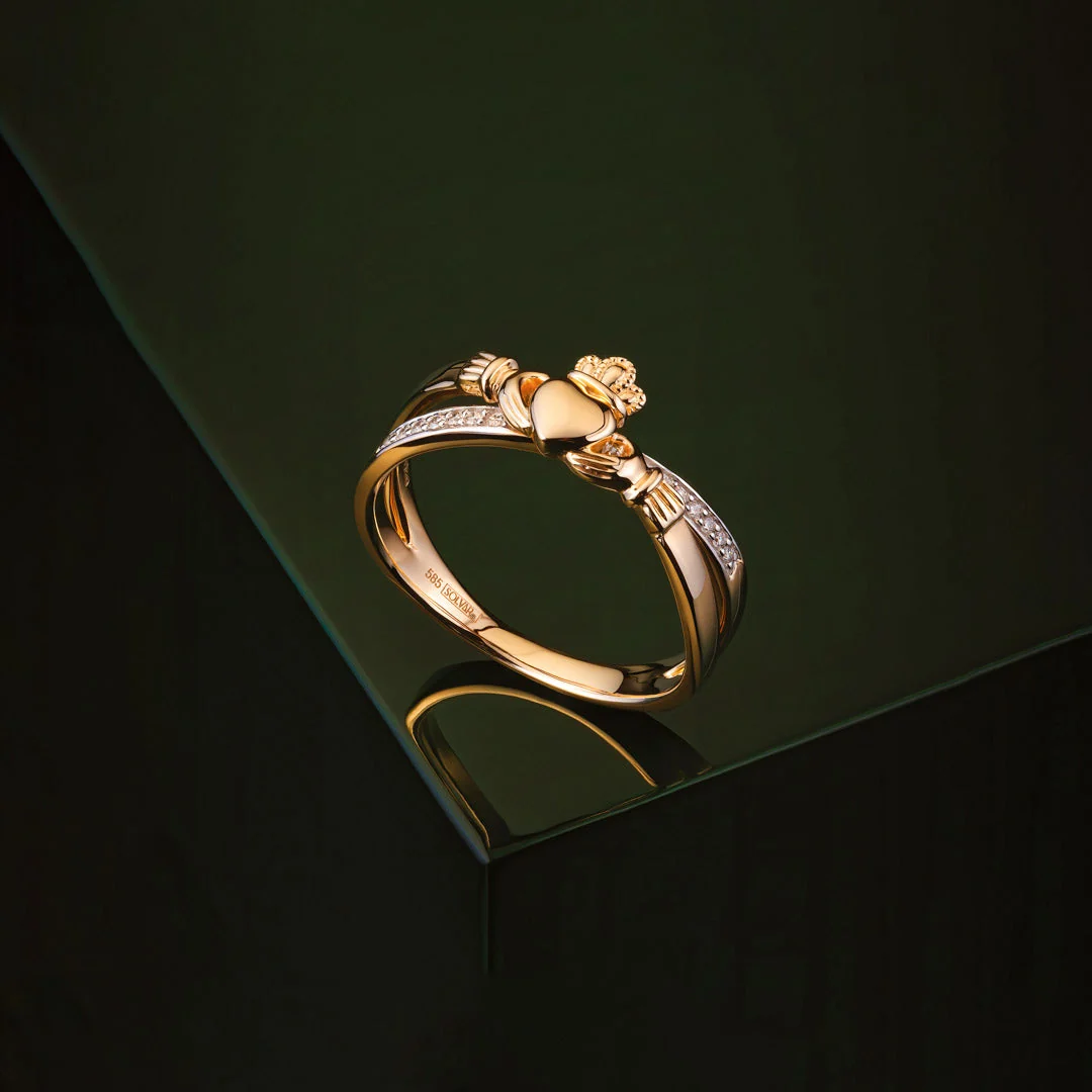 14K Gold Diamond Claddagh Crossover Ring - Image 4