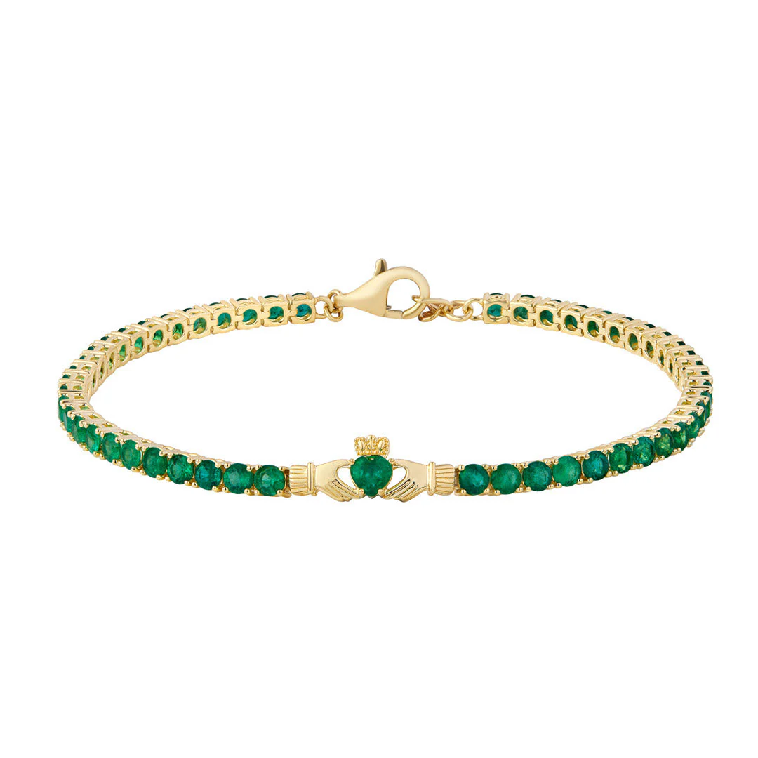 14K Gold Emerald Claddagh Tennis Bracelet