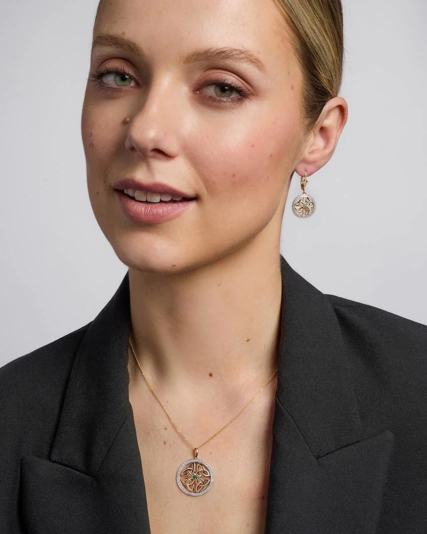 14K Gold Emerald Round Trinity Knot Earrings - Image 3