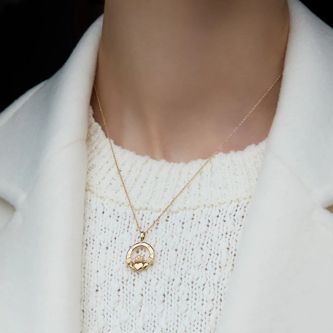 14K Gold Flush Set Diamond Claddagh Necklace - Image 3