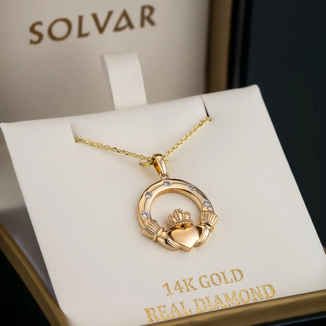 14K Gold Flush Set Diamond Claddagh Necklace - Image 4