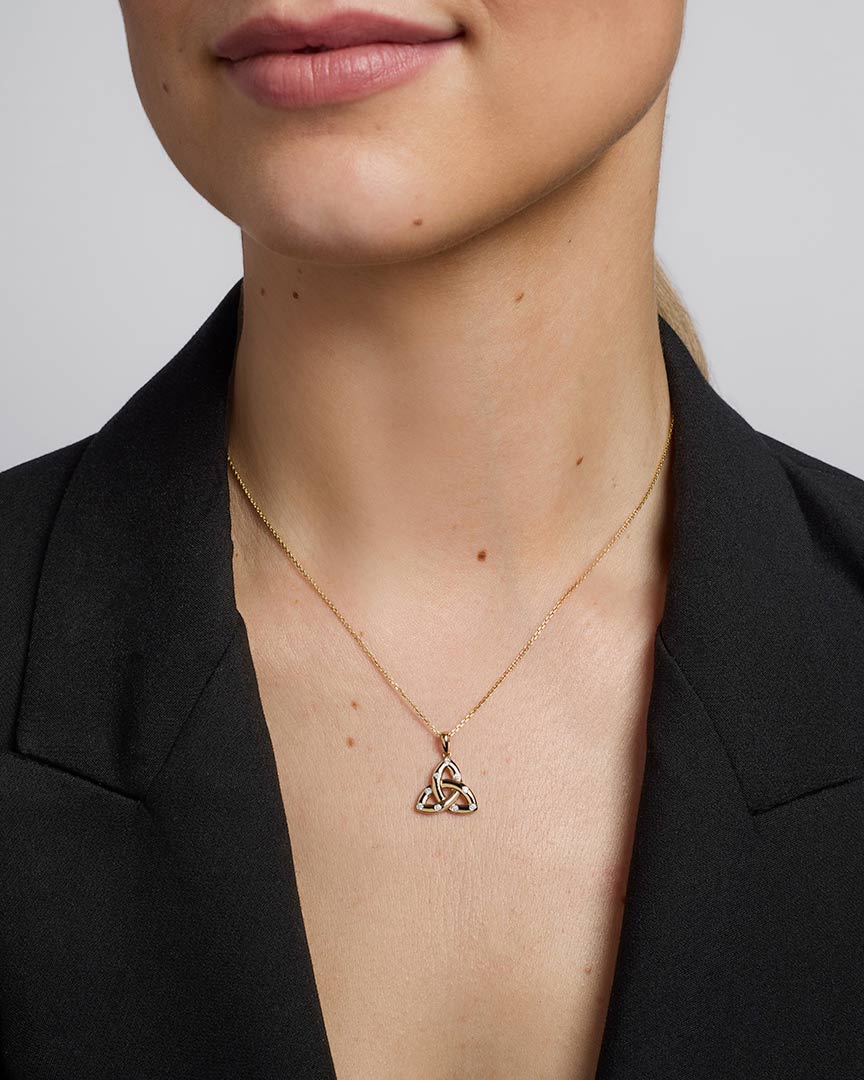 14K Gold Flush Set Diamond Trinity Knot Necklace - Image 2