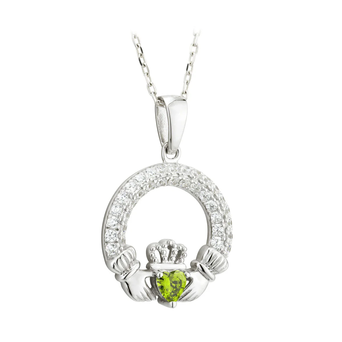 August Birthstone Peridot Silver Claddagh Necklace