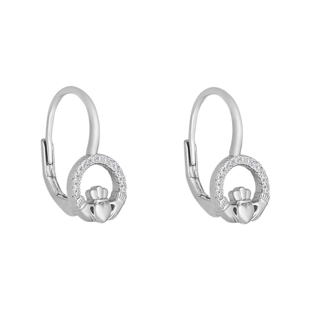 Sterling Silver Cz Round Claddagh Huggie Earrings