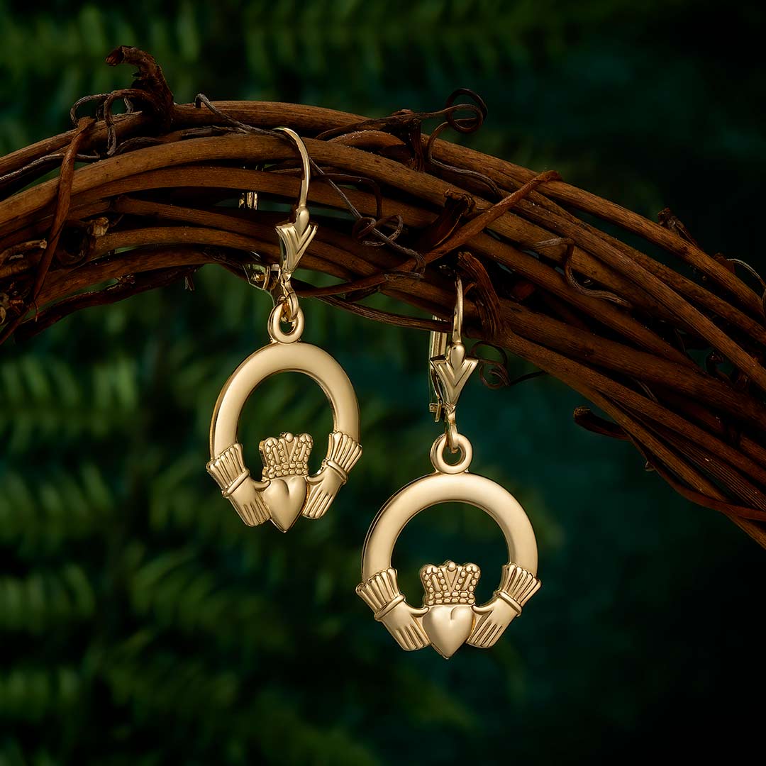 Yellow Gold Claddagh Drop Earrings - Image 2