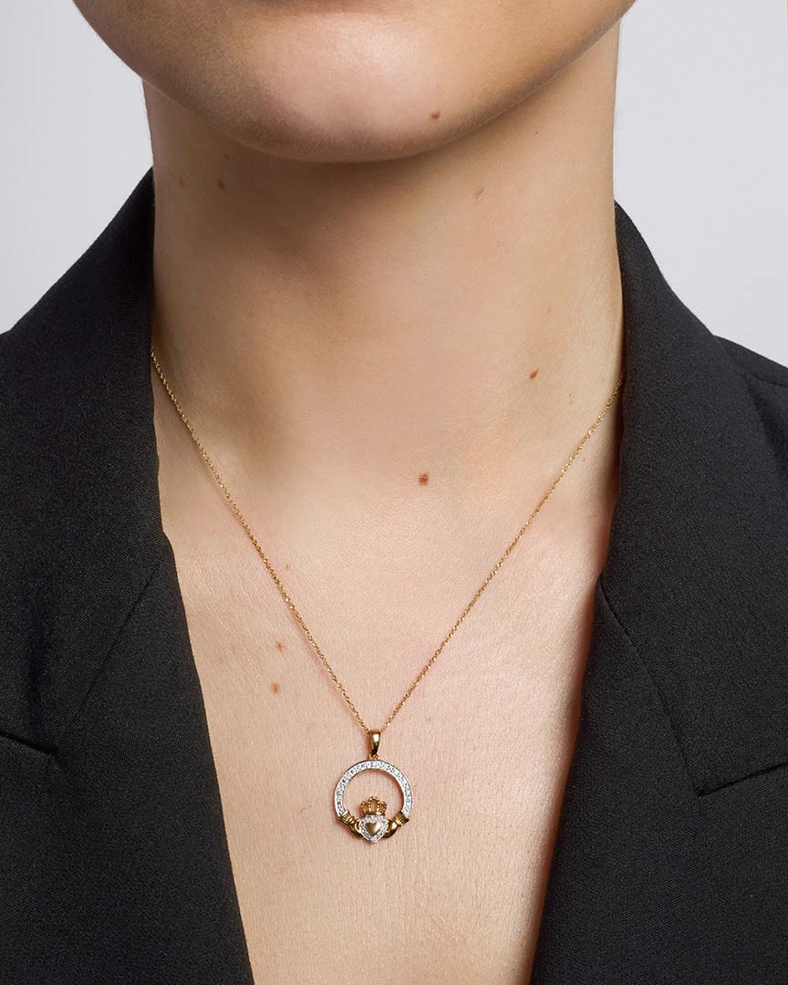 Yellow Gold Diamond Claddagh Pendant - Image 3