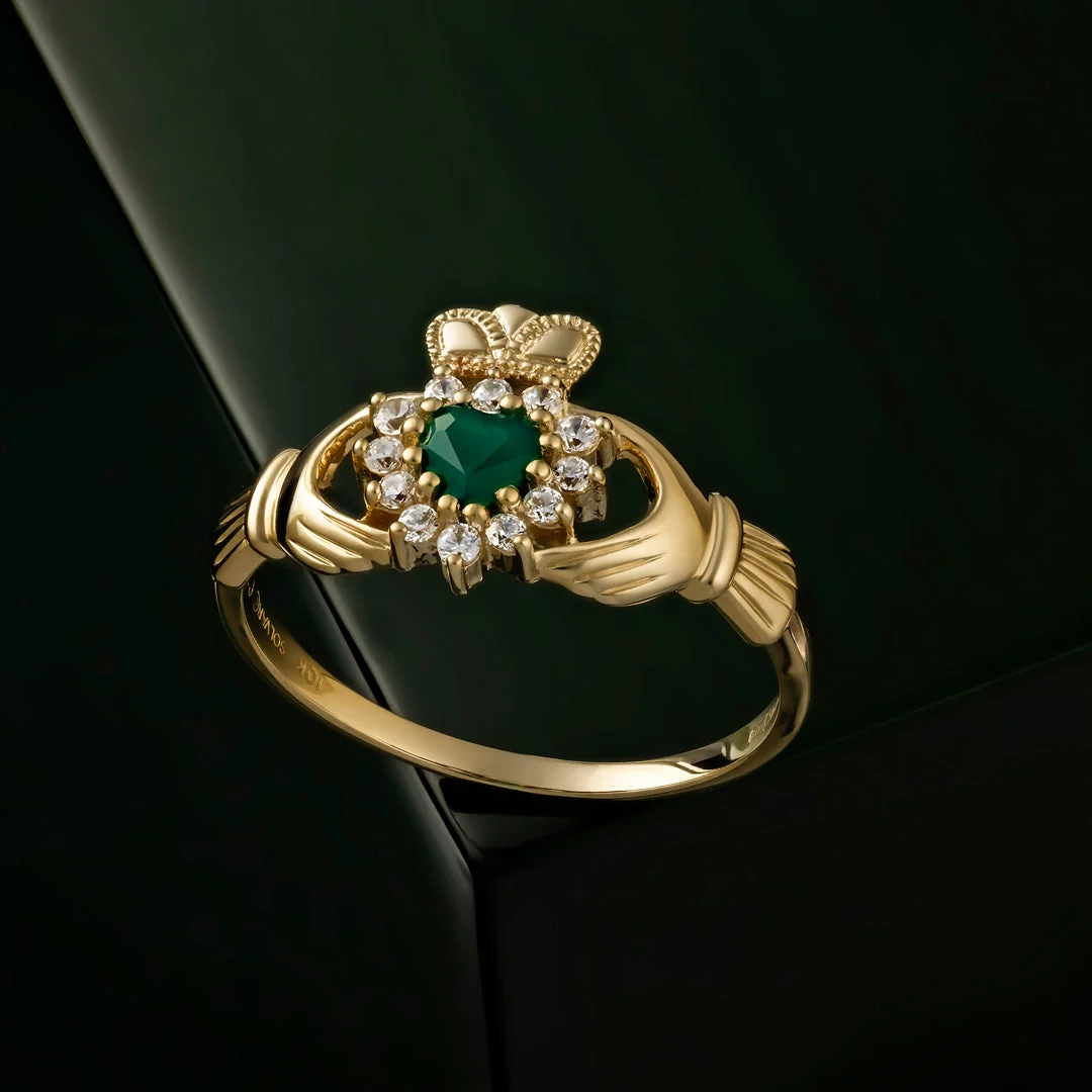 Green Agate Gold Claddagh Ring - Image 4