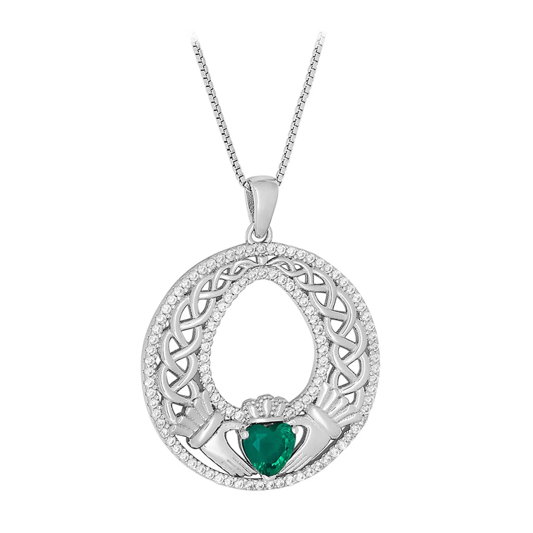 Green Cz Celtic Claddagh Round Pendant