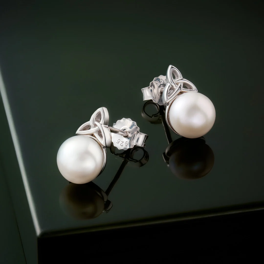 Freshwater Pearl Trinity Knot Stud Earrings - Image 2