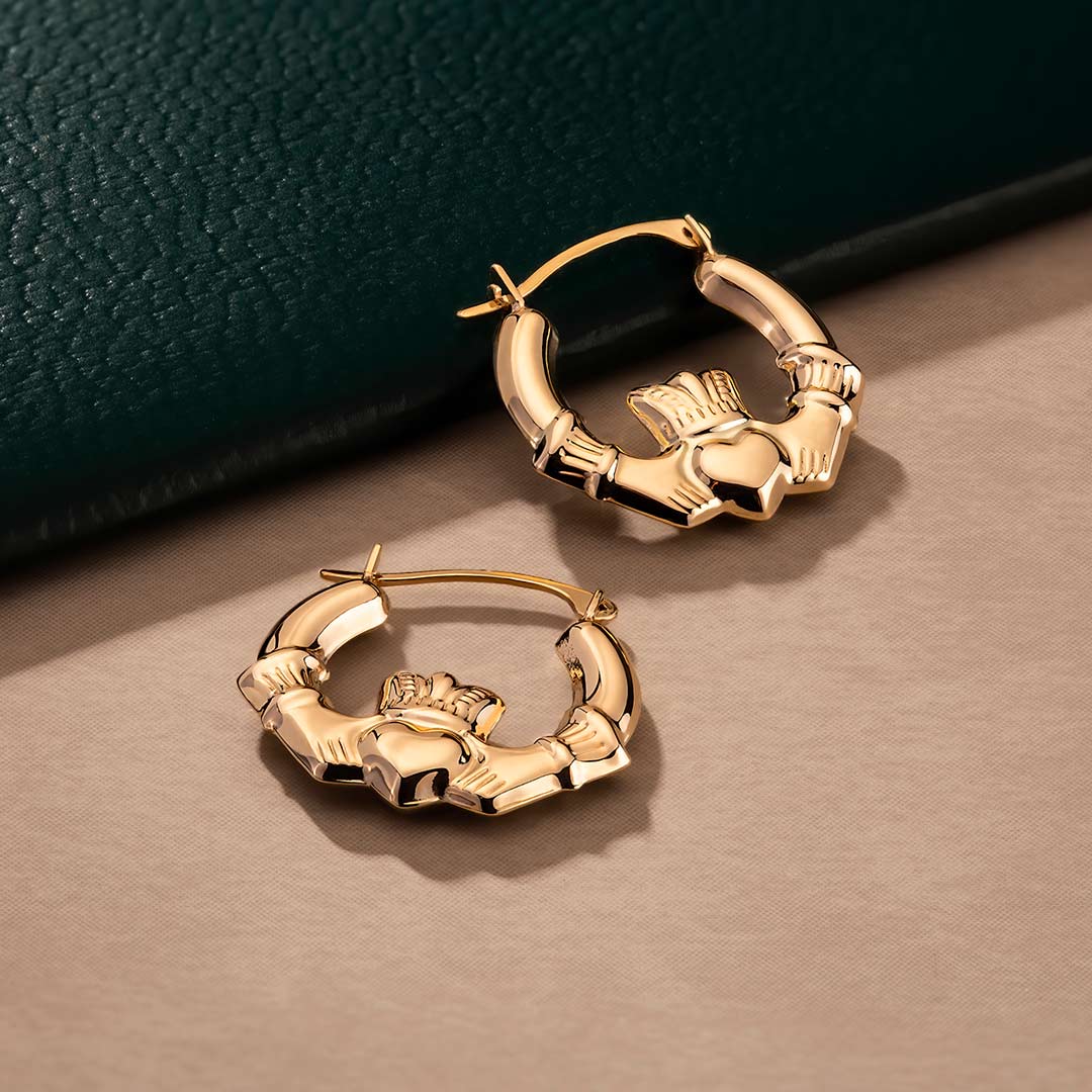 Small Claddagh Hoop Earrings in Gold - Image 3