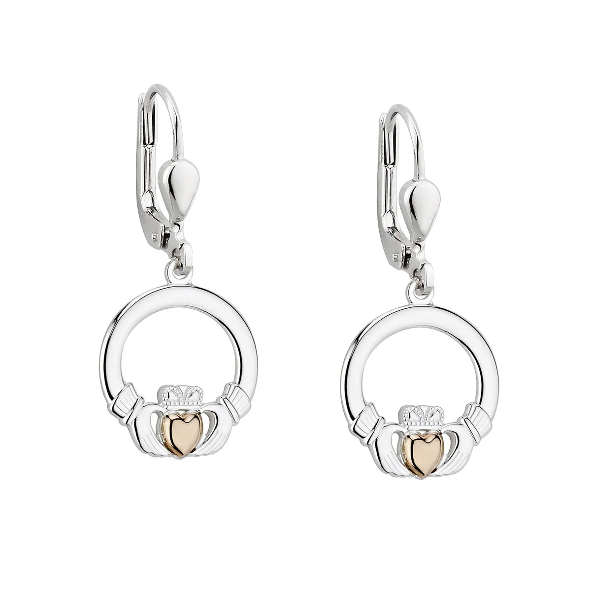Gold Heart Silver Claddagh Drop Earrings