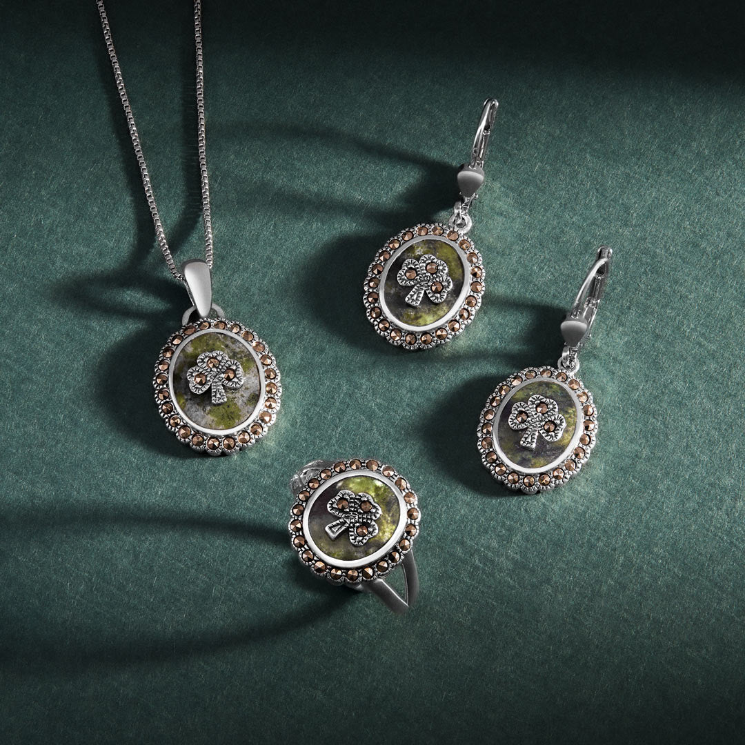 Connemara Marble & Marcasite Shamrock Earrings - Image 4