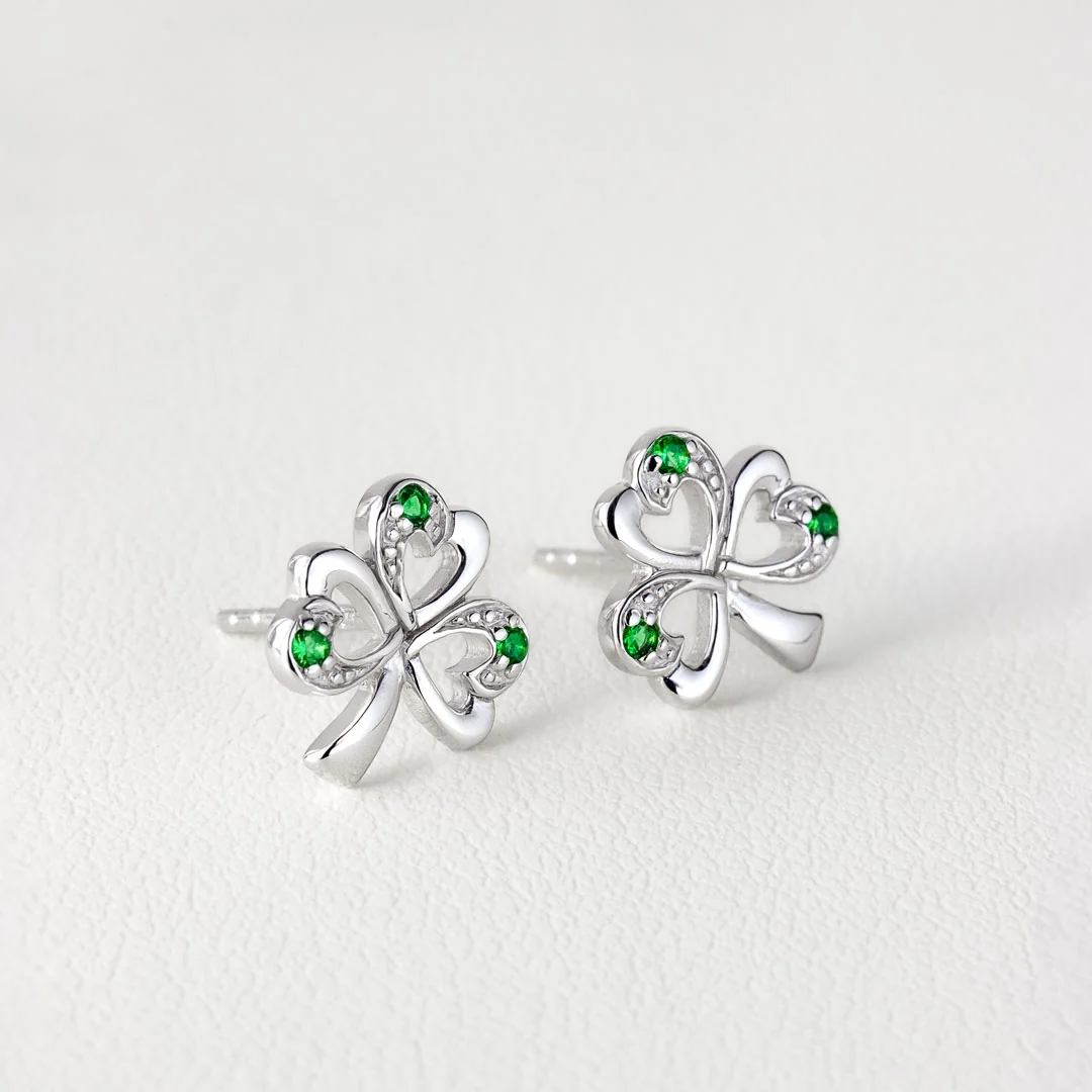 Silver Synthetic Emerald Shamrock Stud Earrings - Image 4