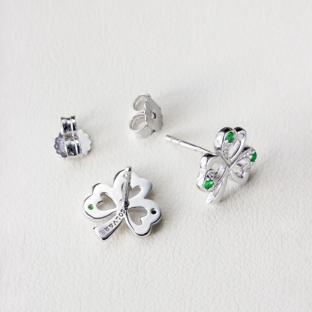 Silver Synthetic Emerald Shamrock Stud Earrings - Image 5