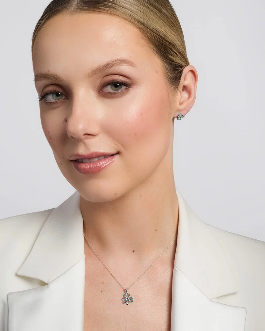 White Gold Emerald Shamrock Earrings - Image 3