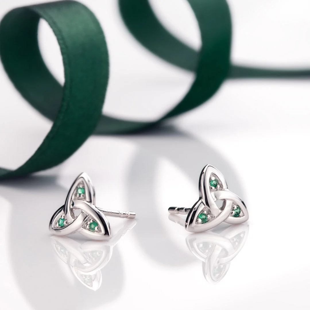 White Gold Emerald Trinity Knot Stud Earrings - Image 4